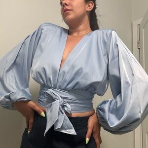 Elegant Blue Wrap Top